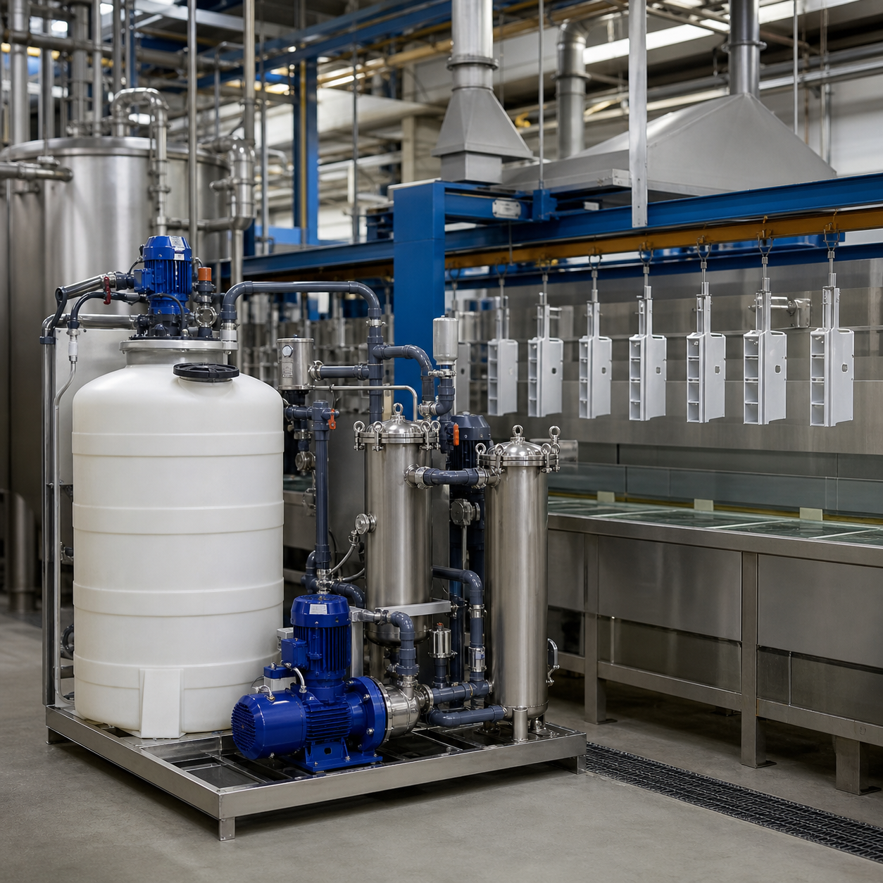 Closed oxalic acid make-up and filtration system beside an aluminum anodizing line