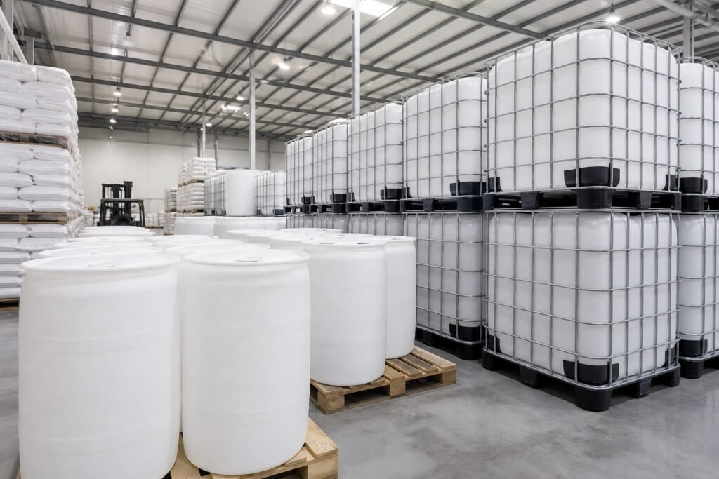 Oxalic acid industrial packaging in a chemical warehouse