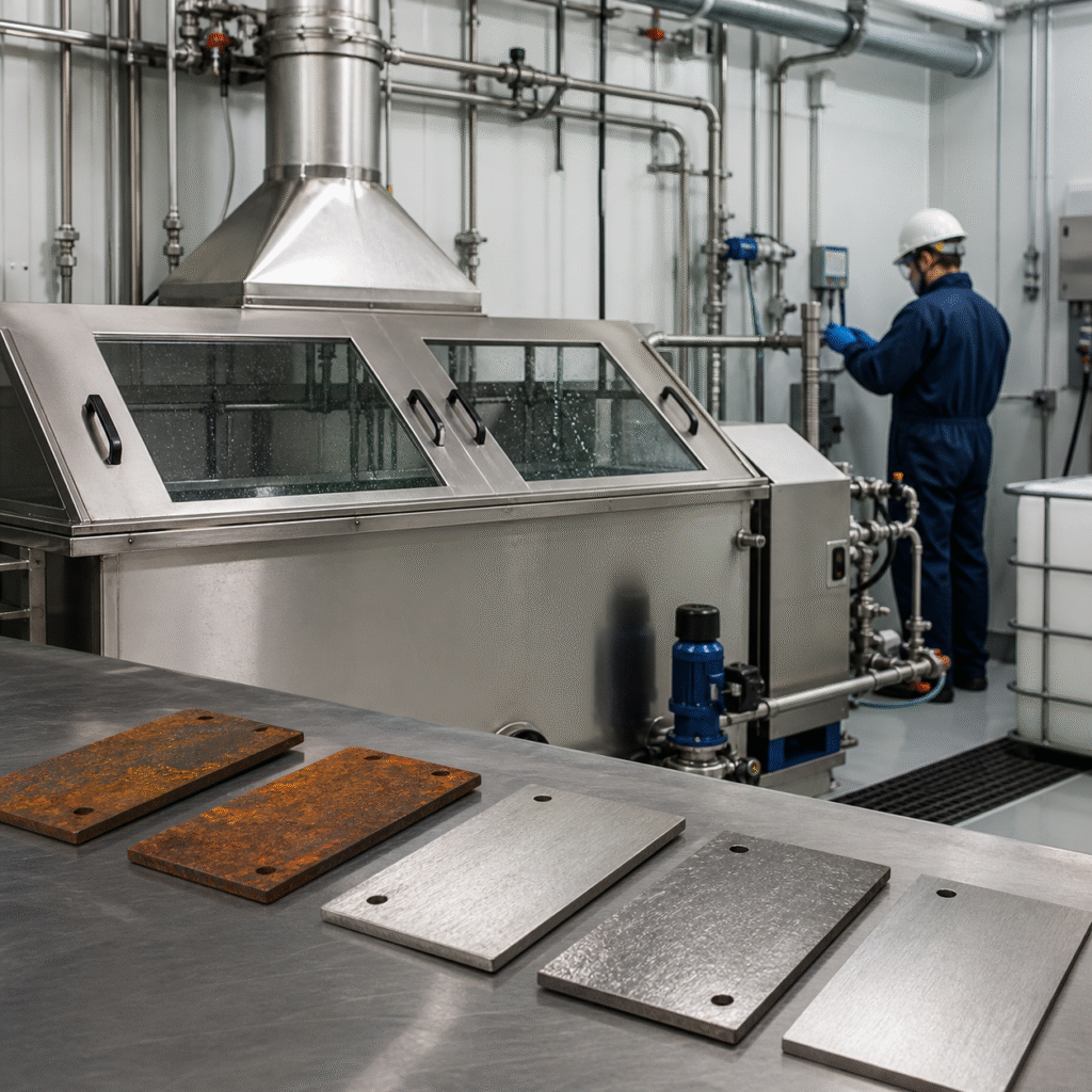 Technician inspecting a closed oxalic acid metal cleaning line with rusted steel test coupons