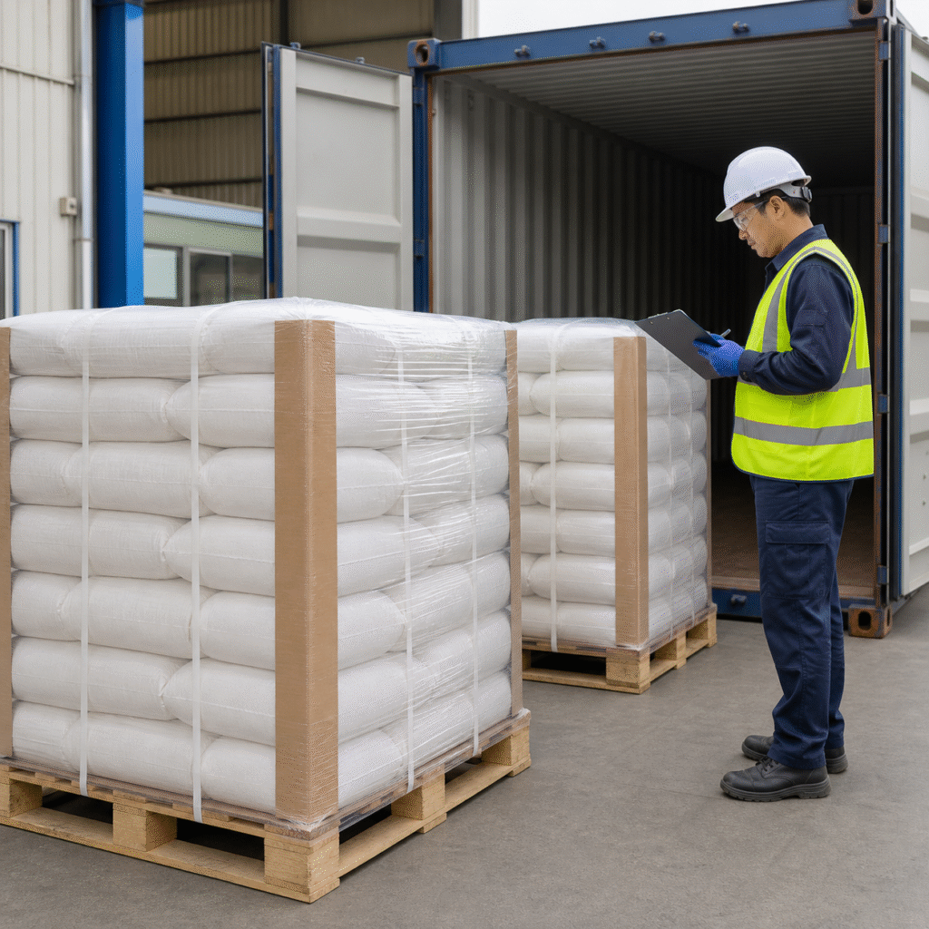 Palletized 25 kilogram oxalic acid bags being inspected before export container loading