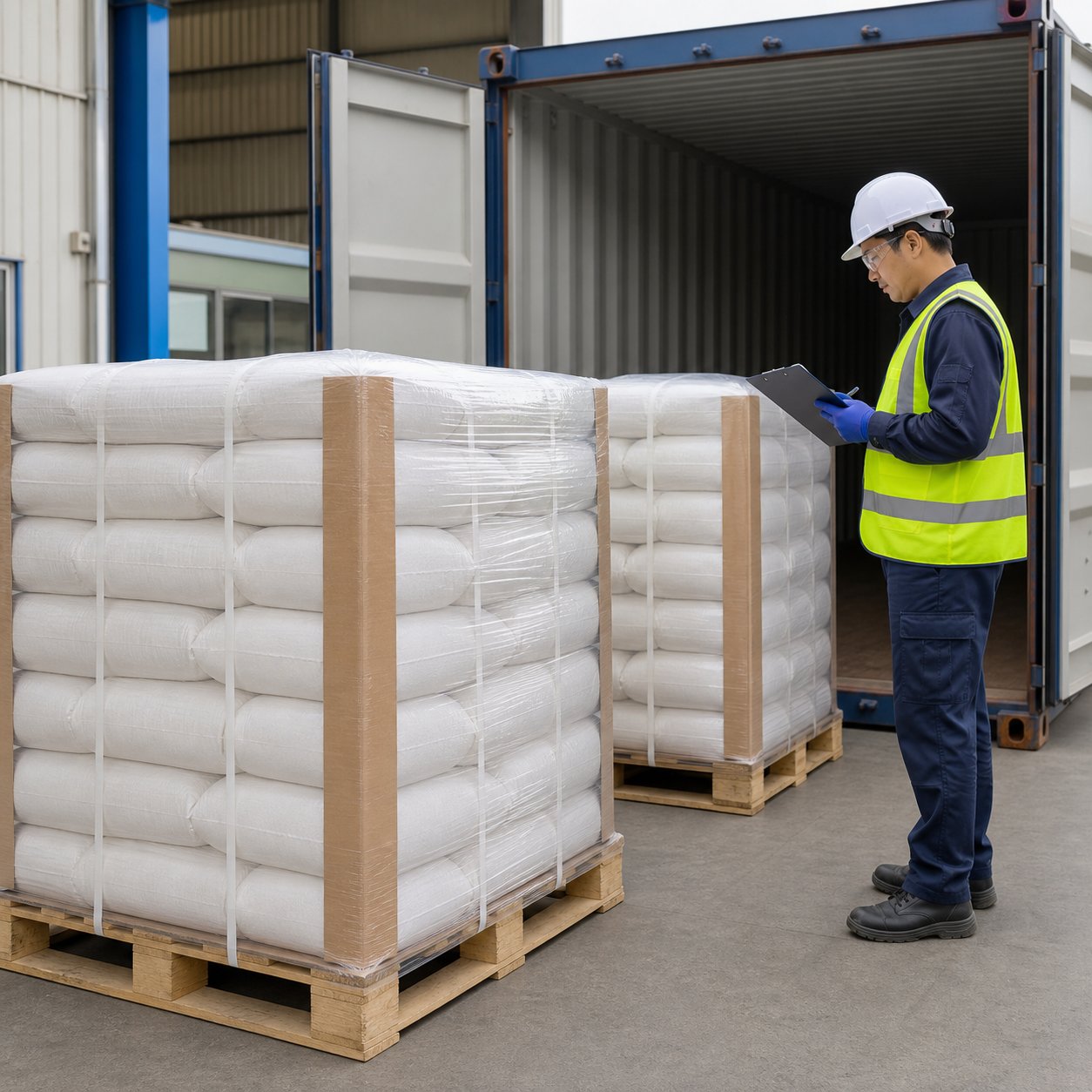 Palletized 25 kilogram oxalic acid bags being inspected before export container loading