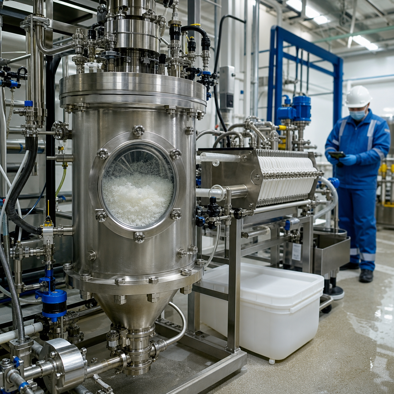 Rare earth processing line with closed oxalic acid dosing and white oxalate precipitate in a filter unit