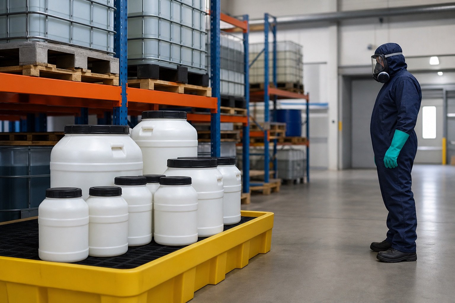 Safe oxalic acid storage with containment and protective equipment