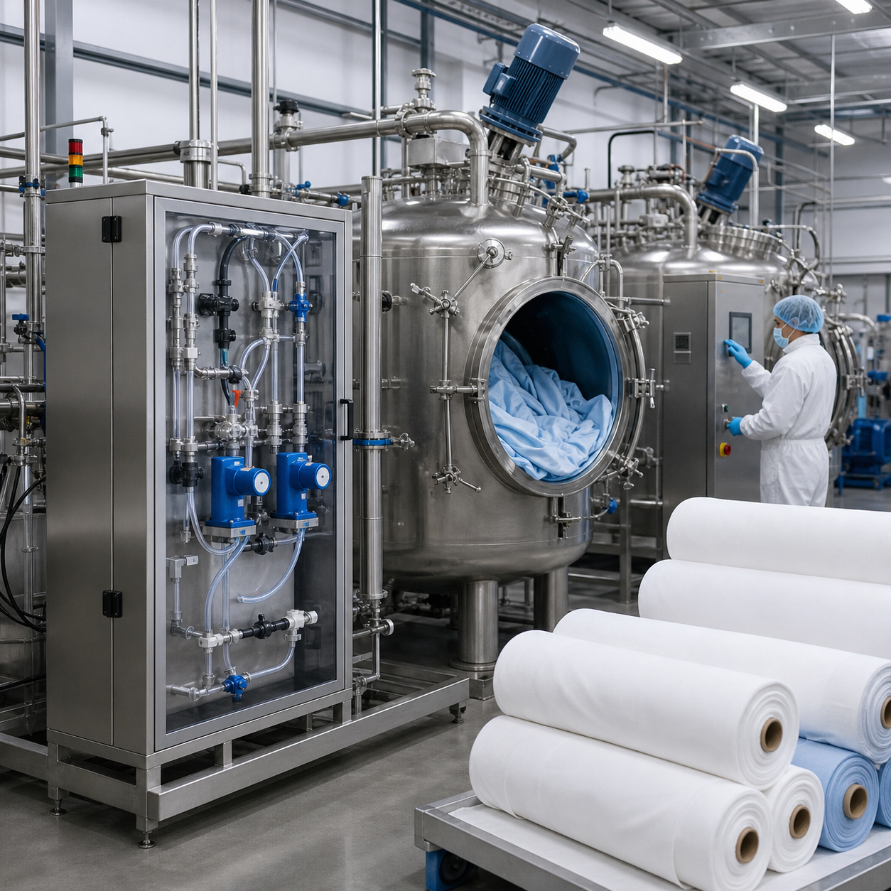 Closed oxalic acid dosing station beside stainless textile dyeing vessels and fabric rolls