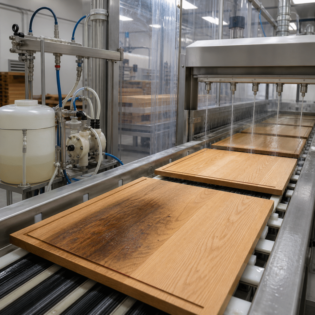 Controlled oxalic acid application and rinse station for stained hardwood panels