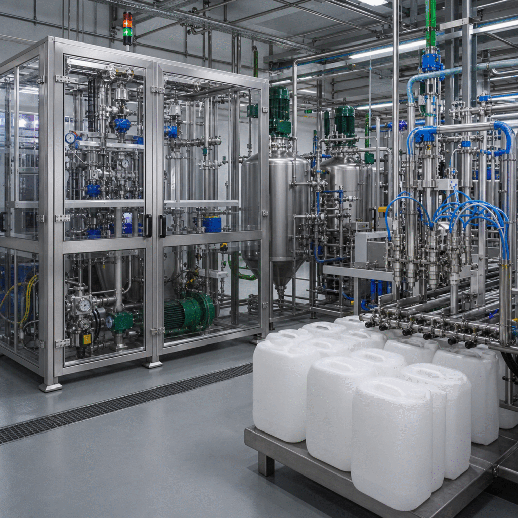 Phosphorous acid dosing and formulation line with closed mixing tanks for agricultural phosphite products