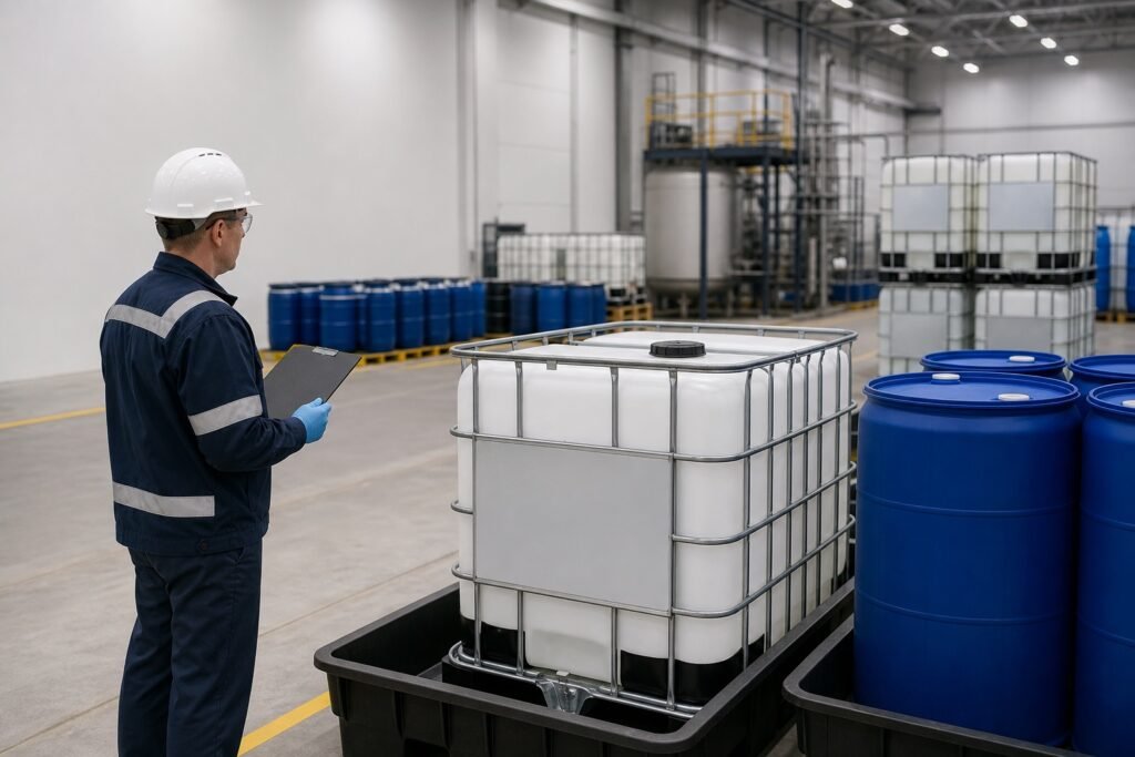 Phosphorous acid packaging inspection in a clean industrial chemical warehouse