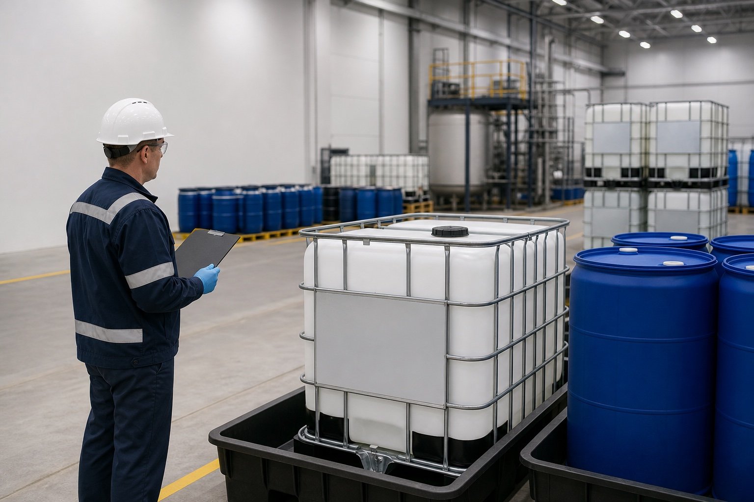 Phosphorous acid packaging inspection in a clean industrial chemical warehouse