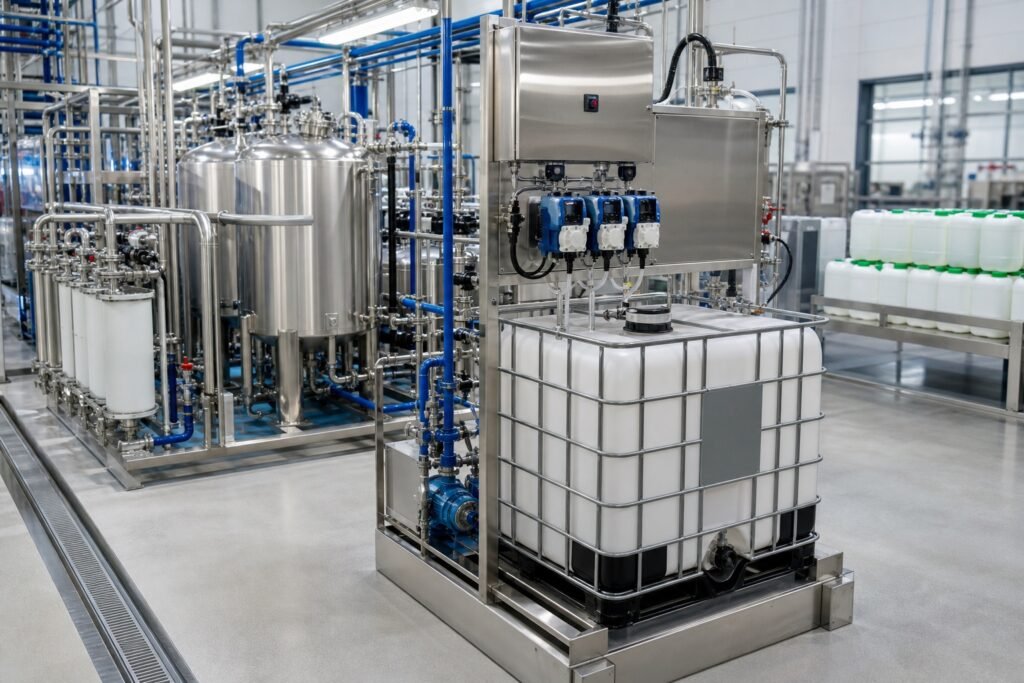 Industrial phosphorous acid dosing and processing equipment in a modern chemical plant