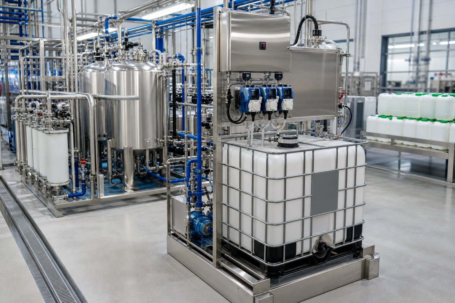 Industrial phosphorous acid dosing and processing equipment in a modern chemical plant