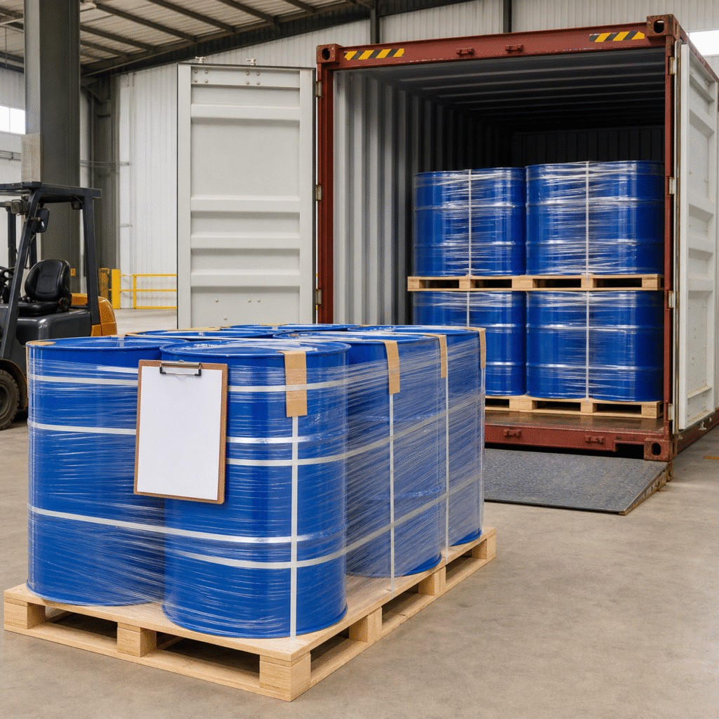 Sealed phosphorous acid export drums on pallets being inspected before loading into a freight container