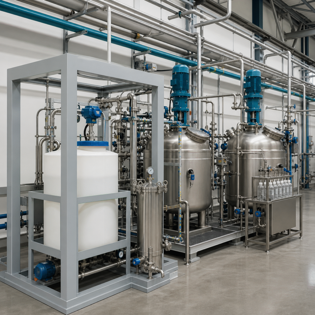 Phosphorous acid feed skid beside closed reactors in a water treatment chemical manufacturing plant