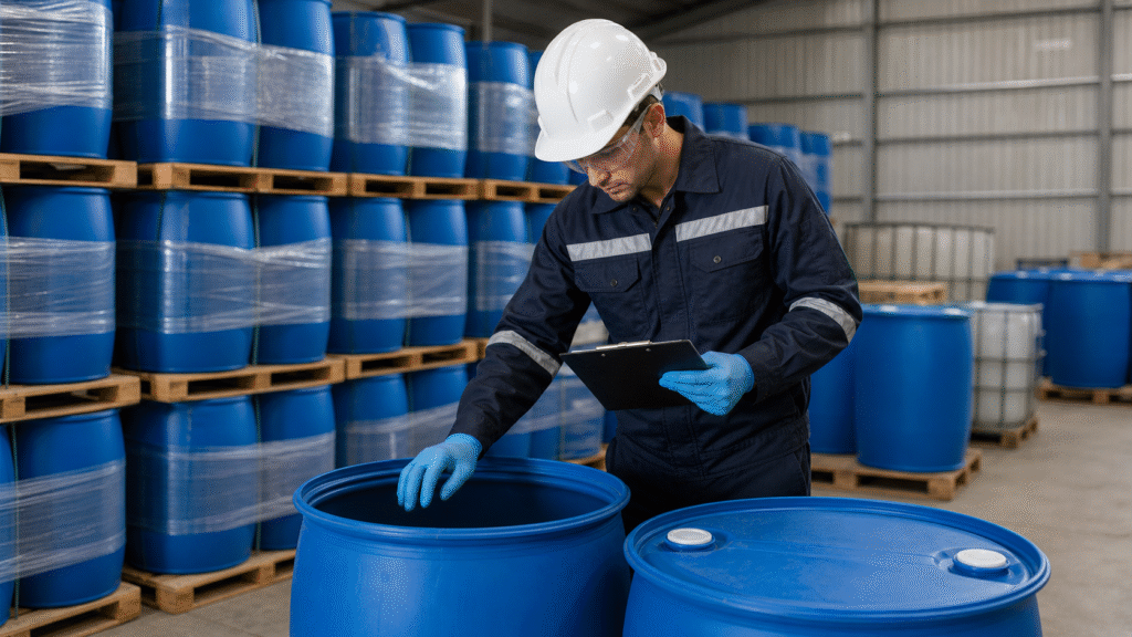 Propionic acid drums being inspected in an industrial chemical warehouse