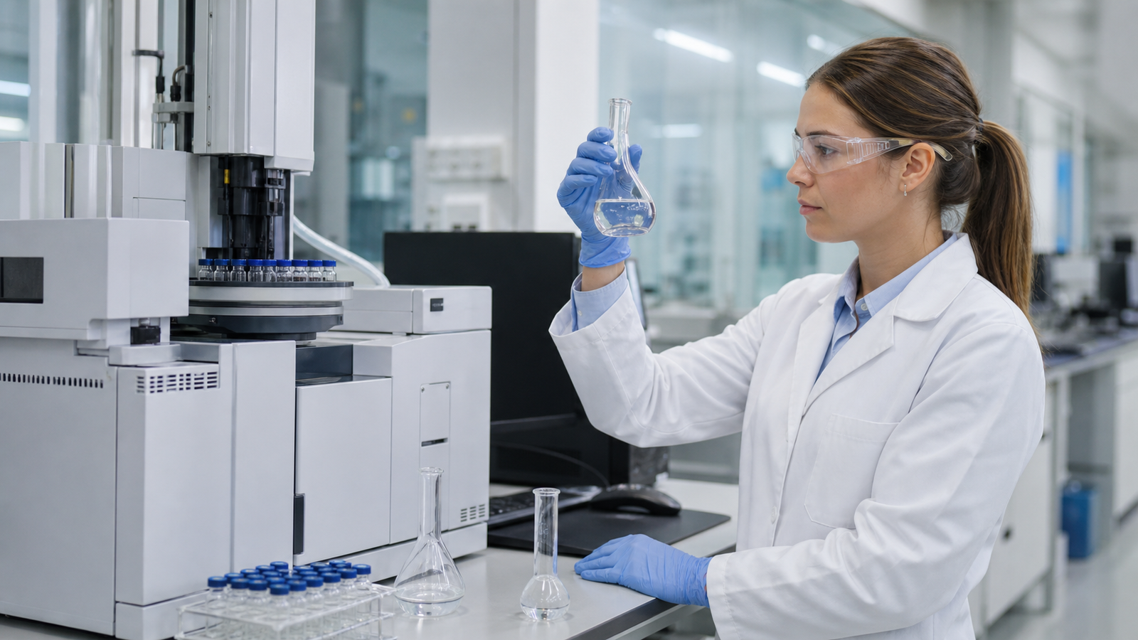 Quality control technician testing a clear propionic acid sample in a modern laboratory