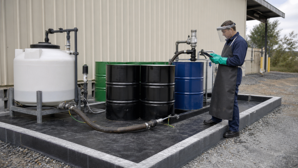 Operator inspecting propionic acid transfer equipment inside secondary containment