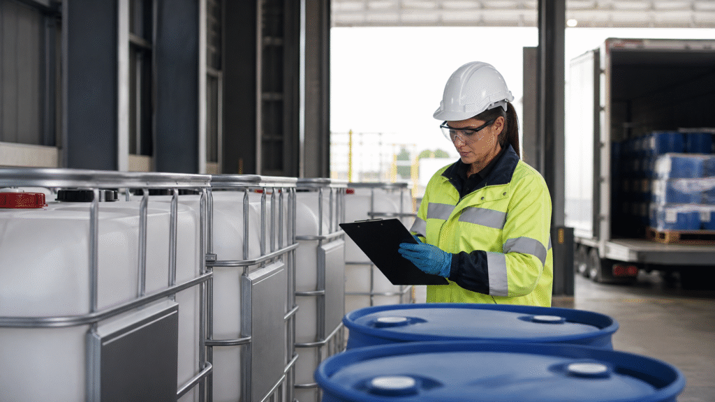 Sulfuric acid packaging and shipment inspection in an industrial chemical warehouse