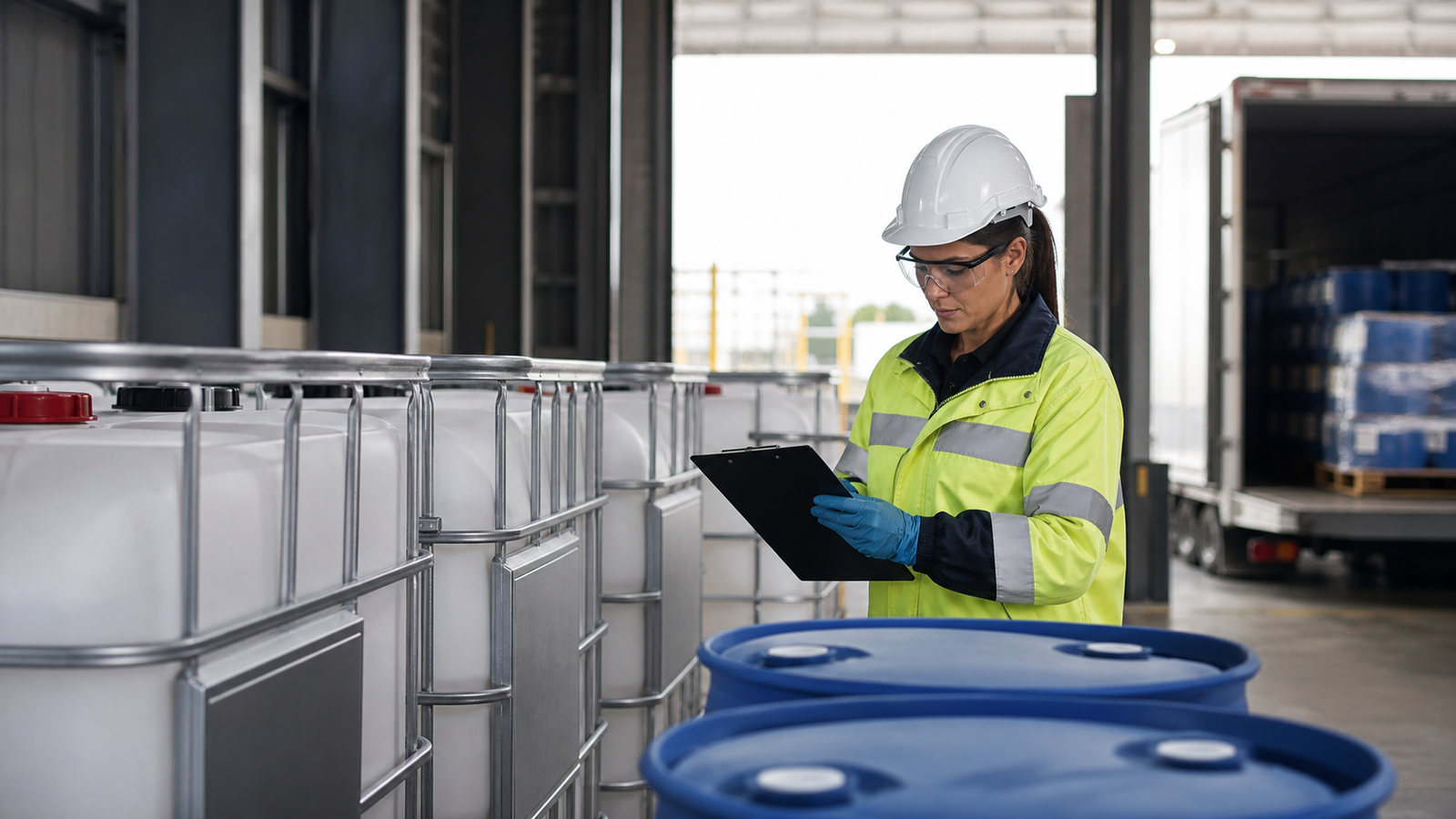 Sulfuric acid packaging and shipment inspection in an industrial chemical warehouse