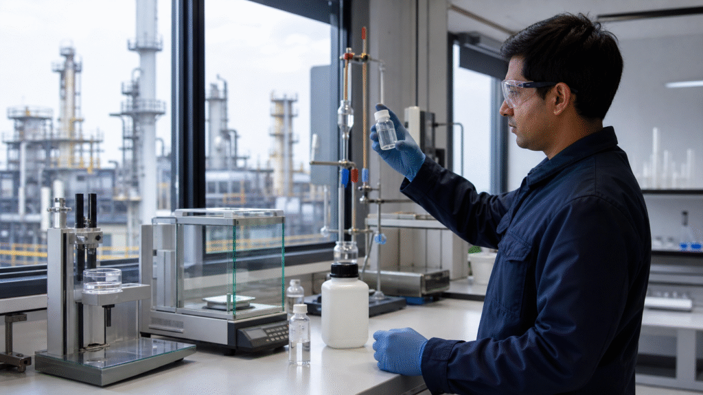 Quality control technician examining a sulfuric acid sample in an industrial laboratory