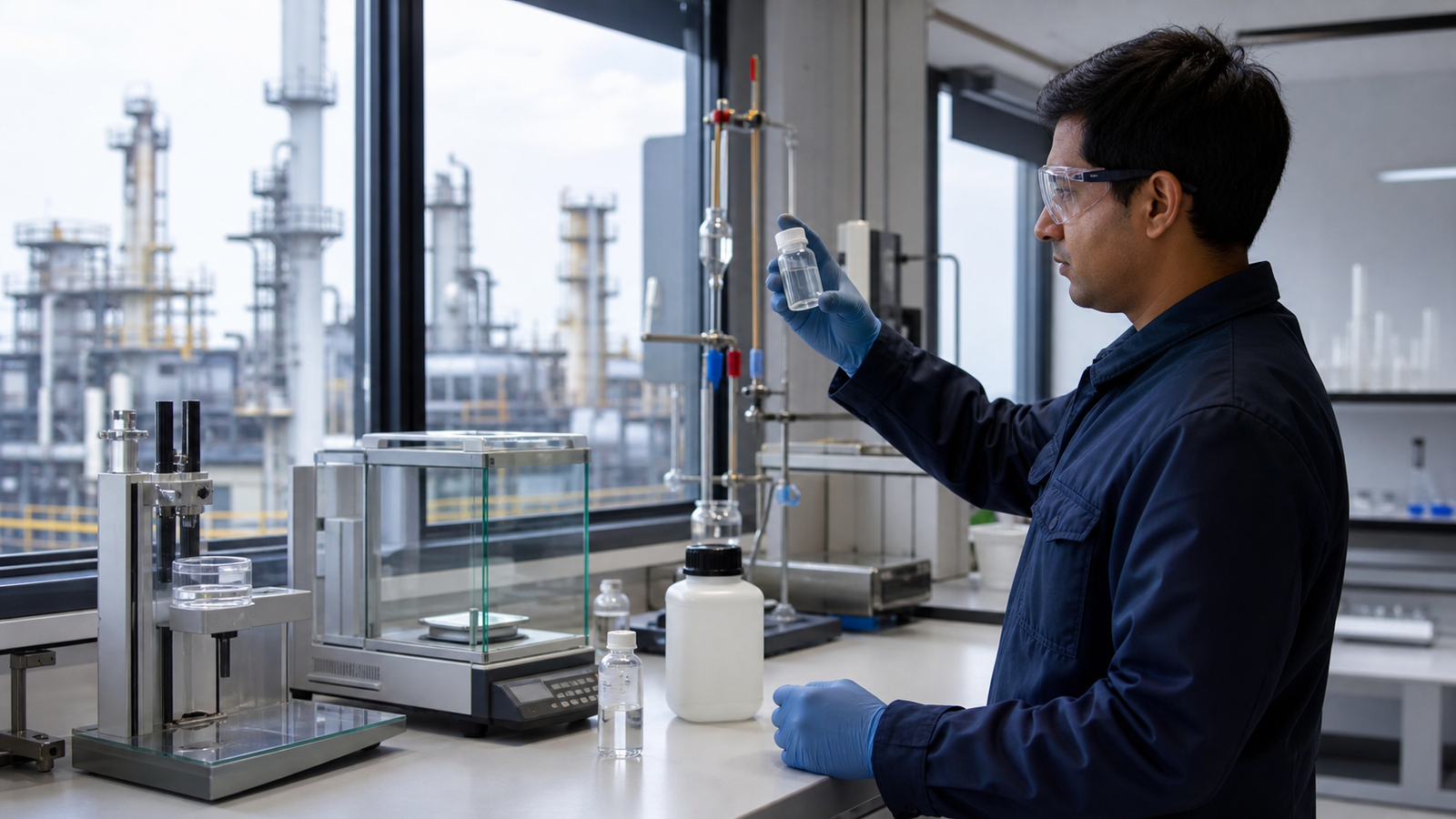 Quality control technician examining a sulfuric acid sample in an industrial laboratory