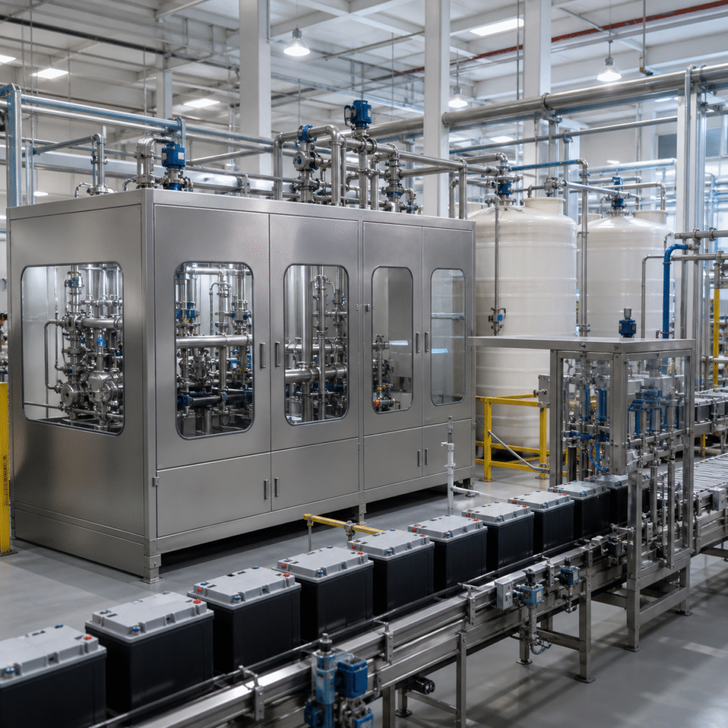 Closed sulfuric acid dilution and electrolyte filling line in a lead acid battery manufacturing plant