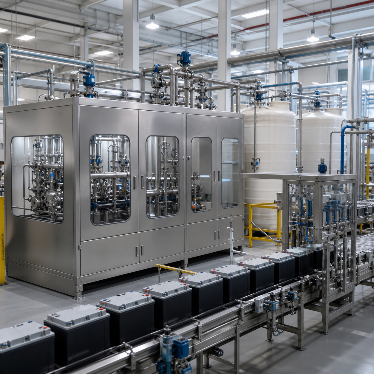 Closed sulfuric acid dilution and electrolyte filling line in a lead acid battery manufacturing plant