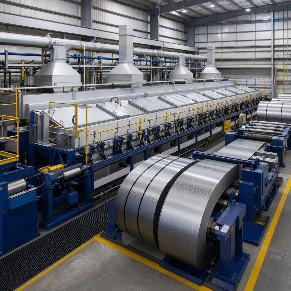 Enclosed sulfuric acid steel pickling line with covered process tanks and steel coils