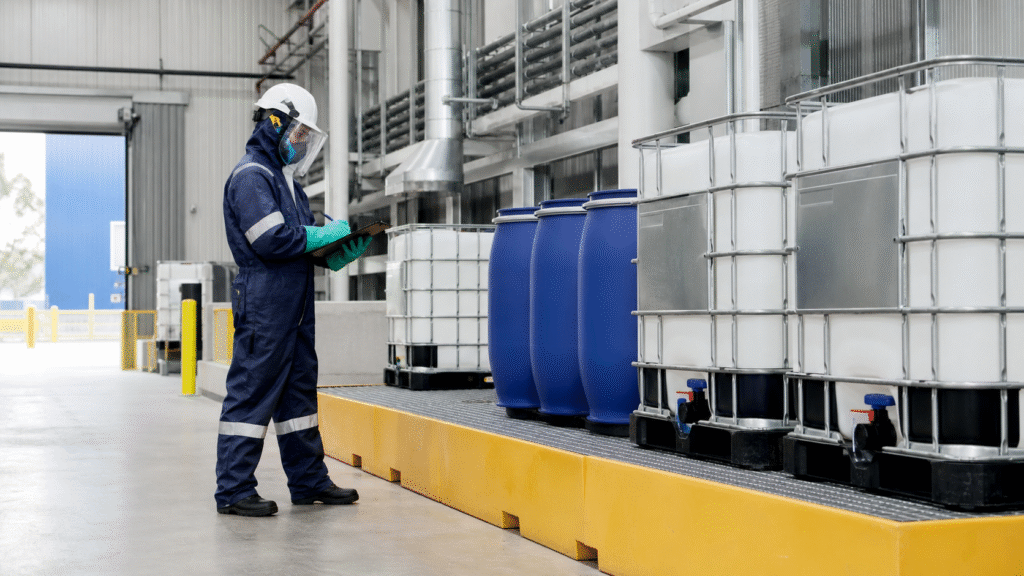 Trained worker inspecting sulfuric acid containers in secondary containment