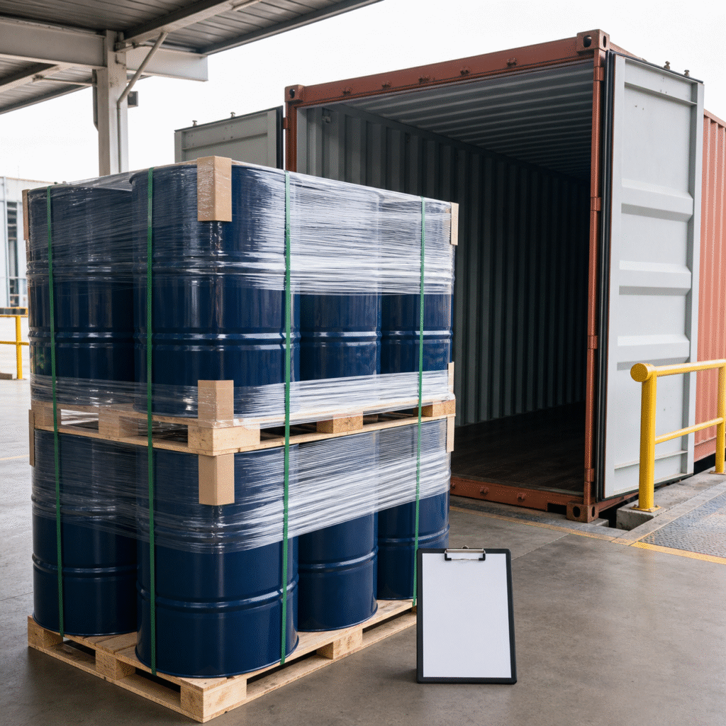 Sealed sulfuric acid export drums secured on pallets beside a freight container loading bay