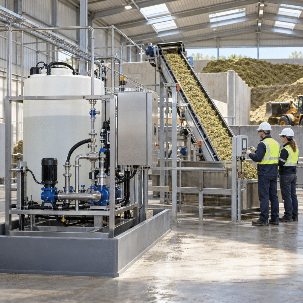 Enclosed acetic acid dosing system at an industrial silage and animal feed preservation facility
