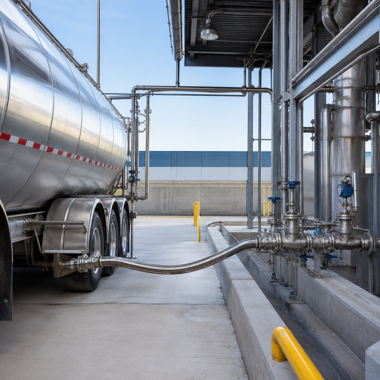 Closed bulk formic acid tanker unloading through a dedicated chemical transfer station