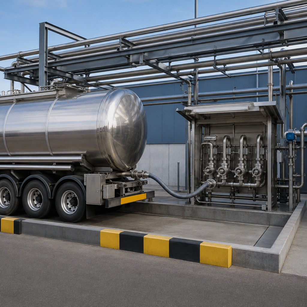Closed tanker unloading glacial acetic acid through a dedicated chemical transfer station