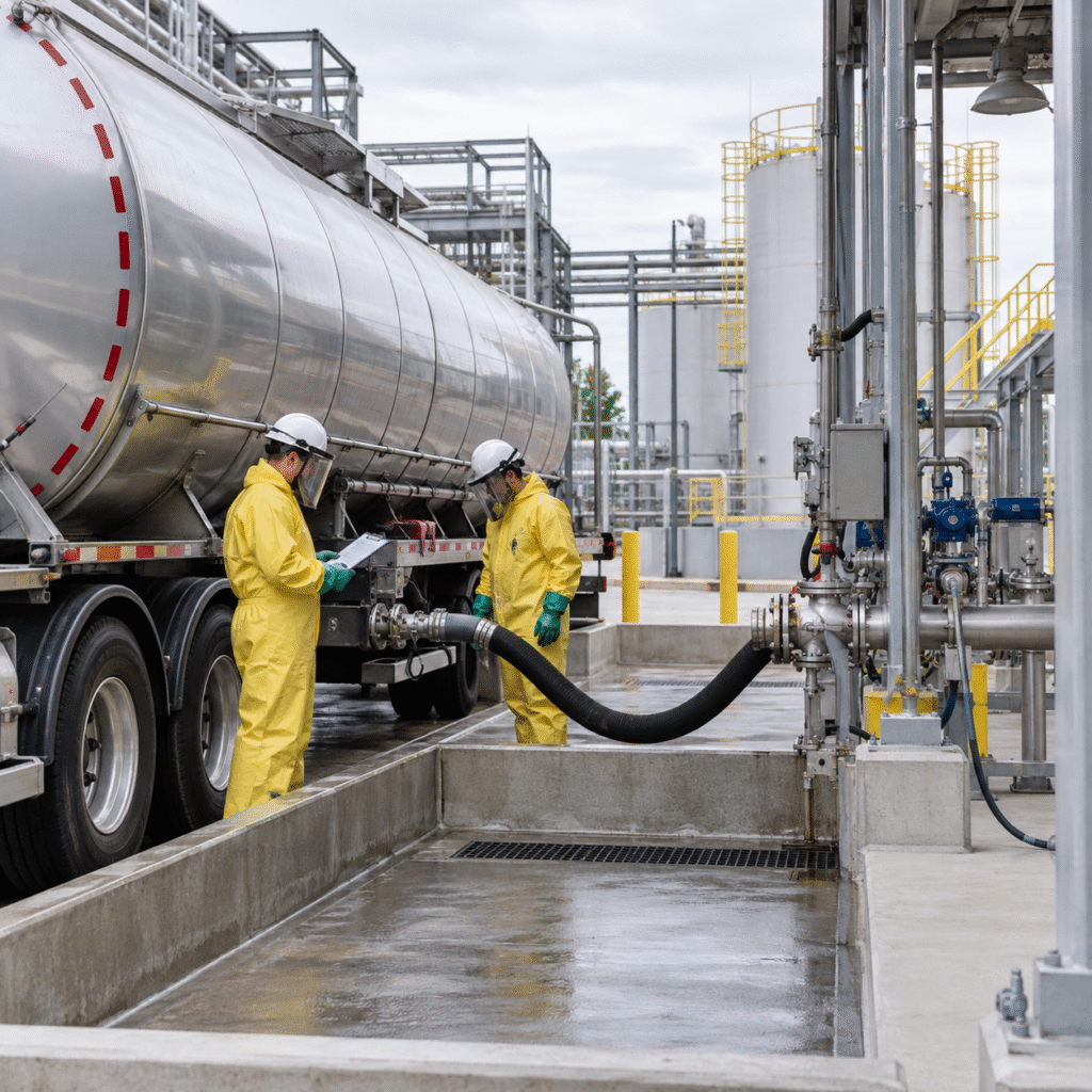 Bulk hydrochloric acid tanker unloading at a contained industrial receiving station with trained operators