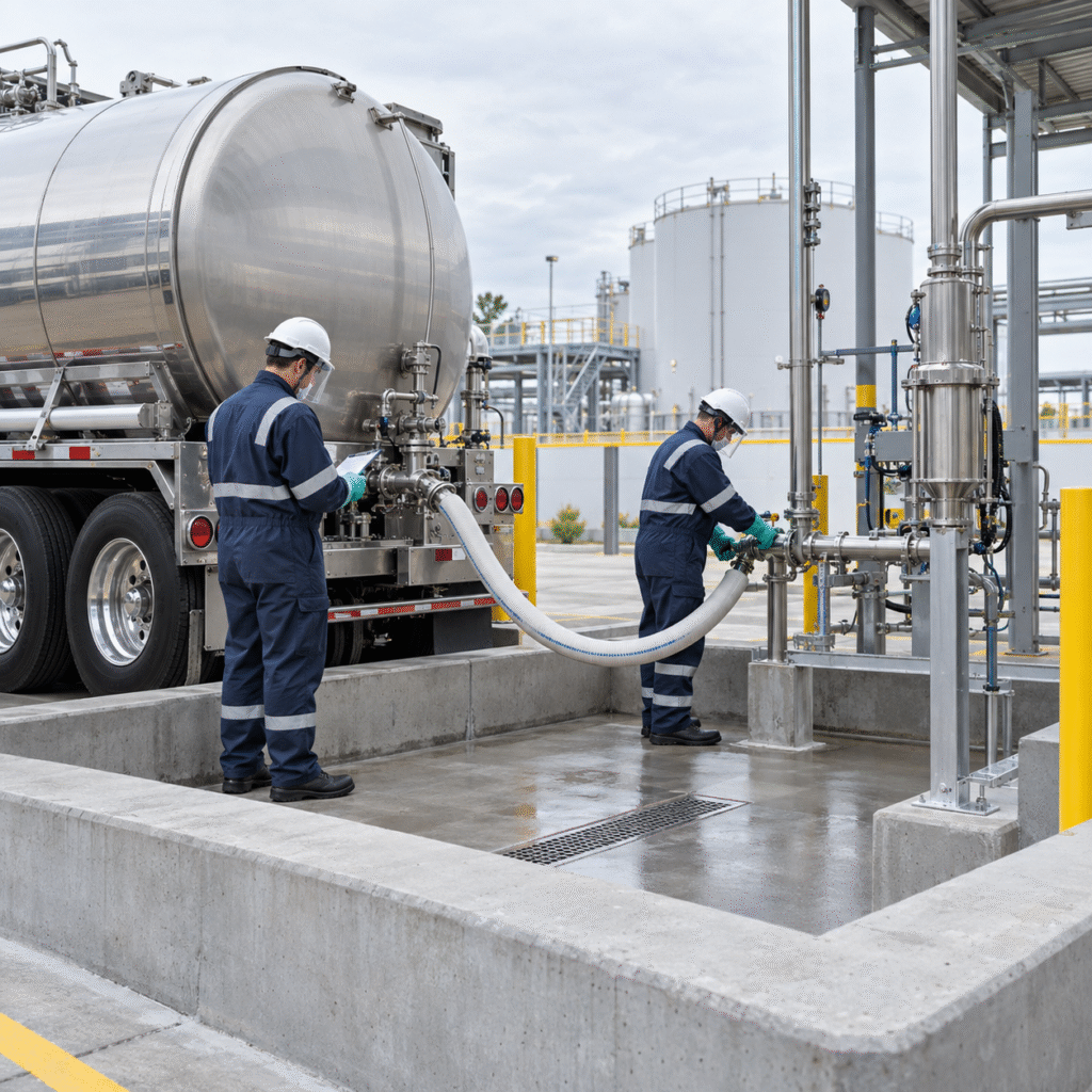 Bulk hydrogen peroxide tanker unloading through a closed compatible transfer system with trained operators