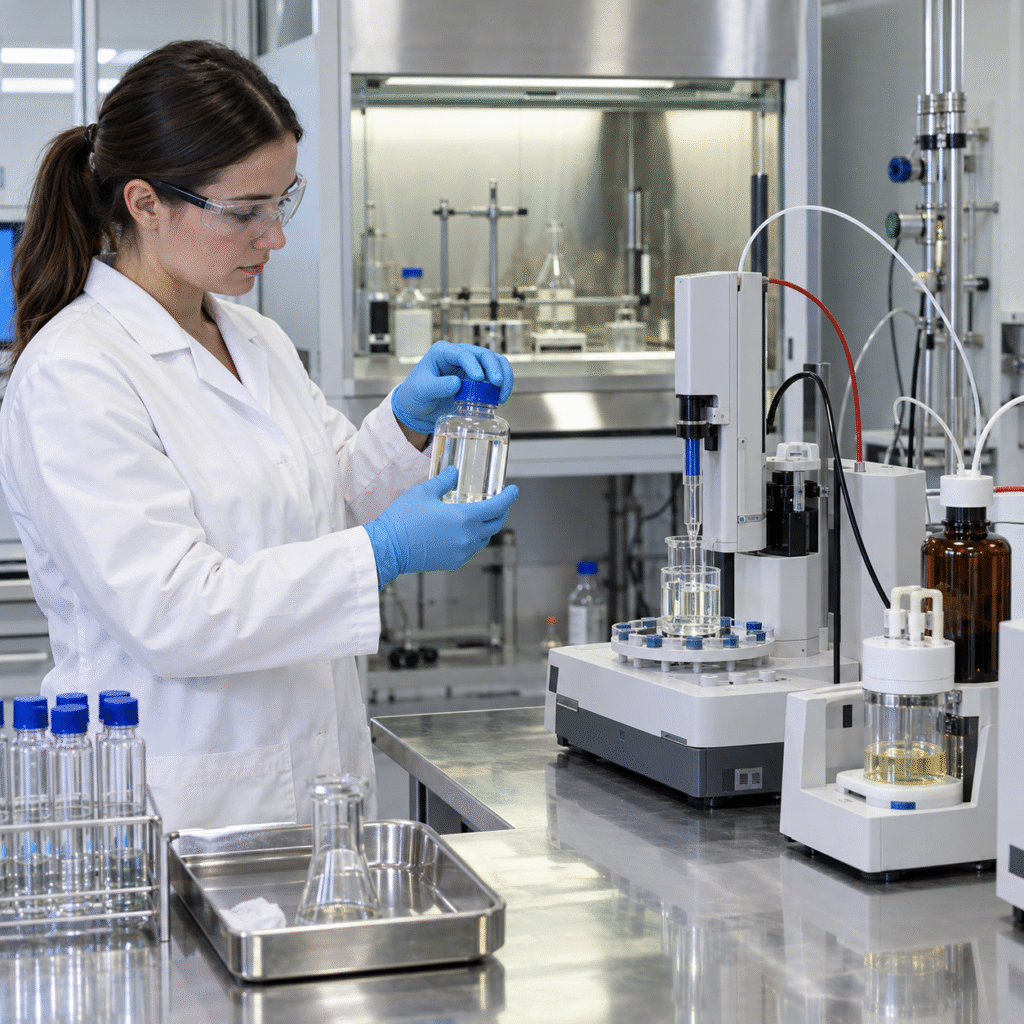 Laboratory analyst verifying formic acid assay and water using automated titration instruments