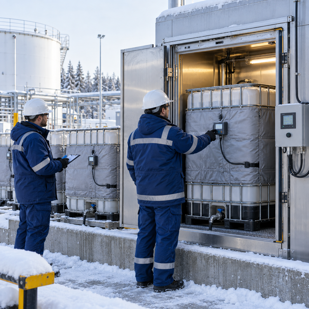 Insulated formic acid containers undergoing controlled warming at a winter chemical terminal