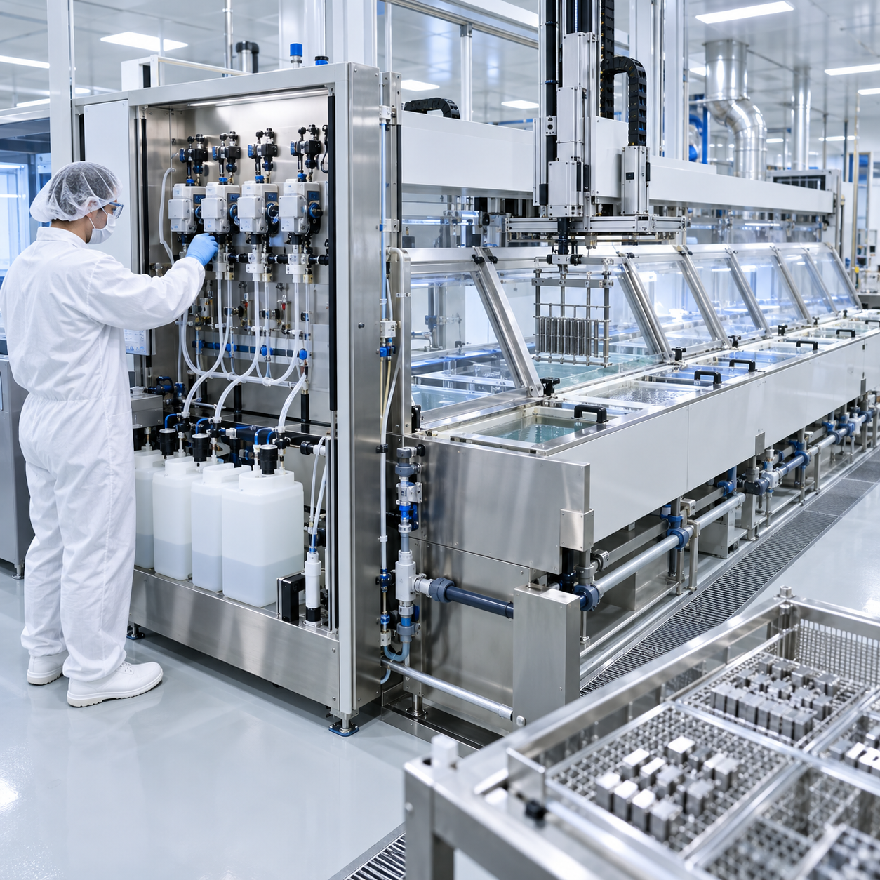 Automated electroless precious-metal plating line with closed formic acid dosing equipment