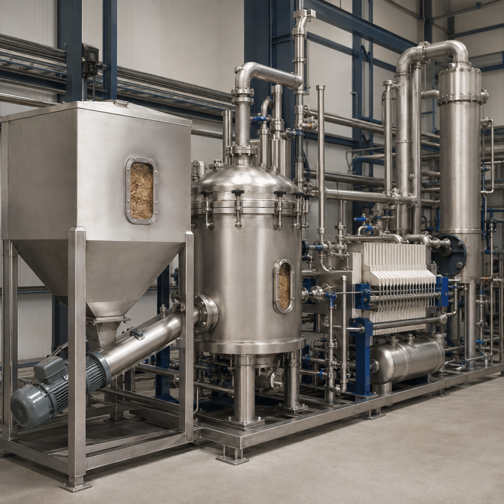 Closed formic acid biomass fractionation pilot plant with fiber processing equipment