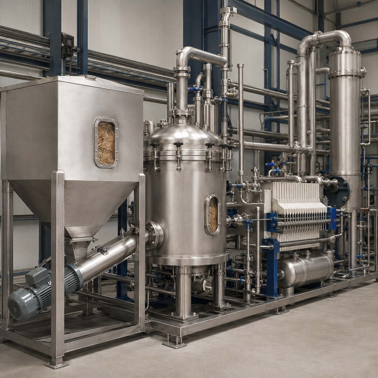 Closed formic acid biomass fractionation pilot plant with fiber processing equipment