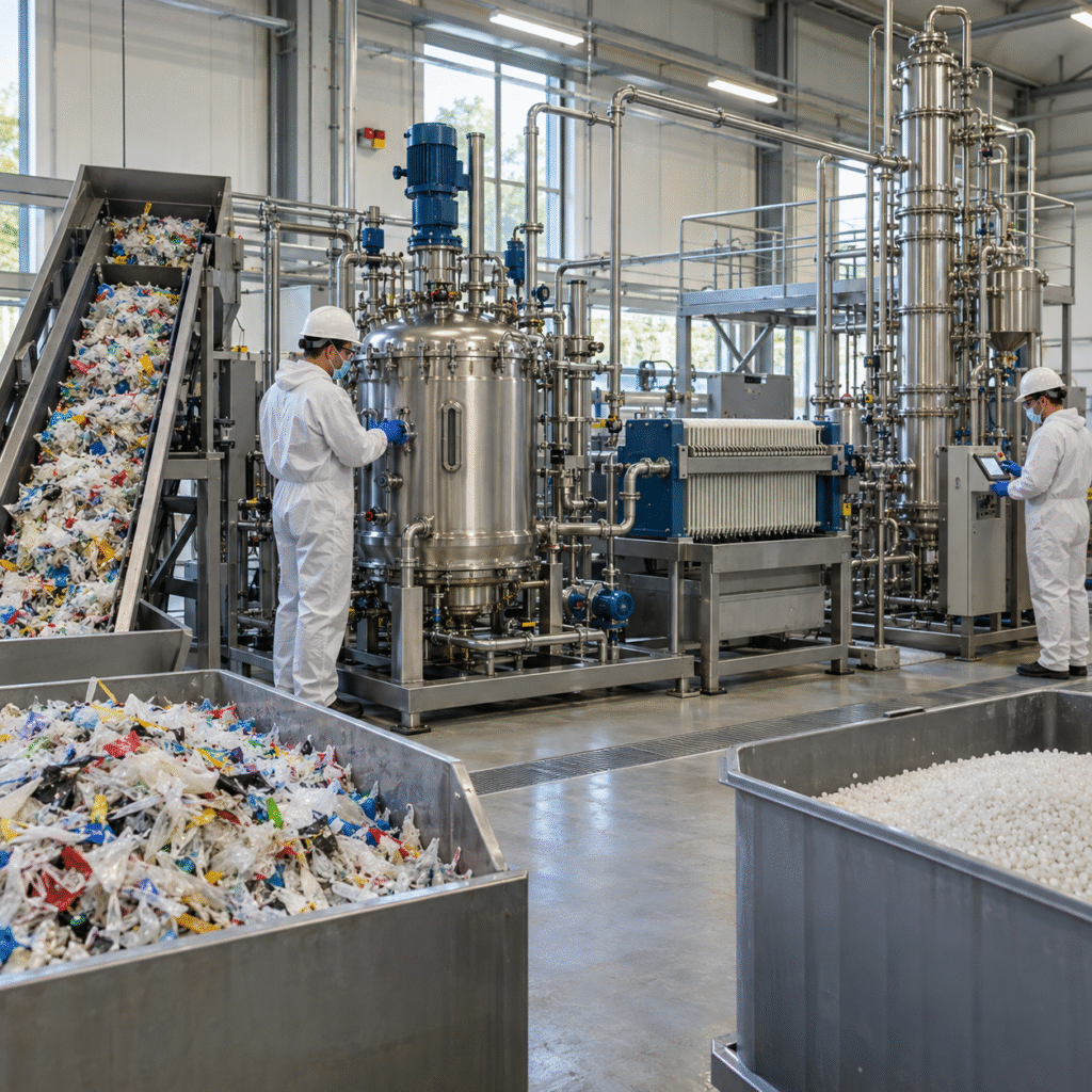 Closed composite plastic recycling pilot separating nylon with formic acid and solvent recovery equipment