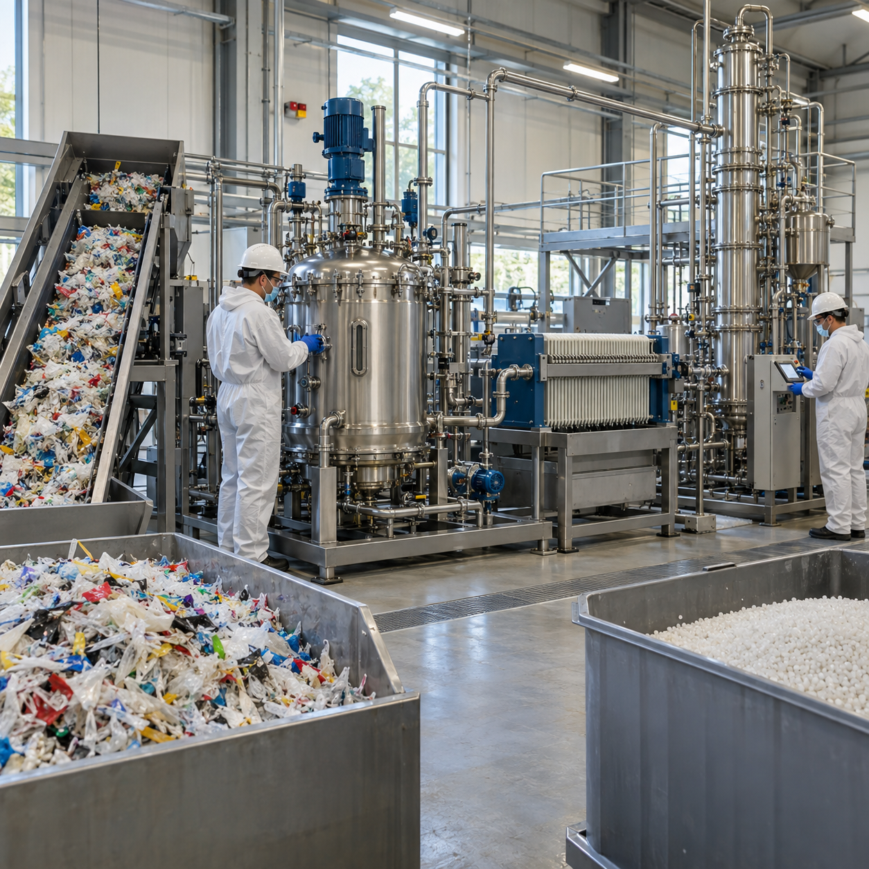 Closed composite plastic recycling pilot separating nylon with formic acid and solvent recovery equipment