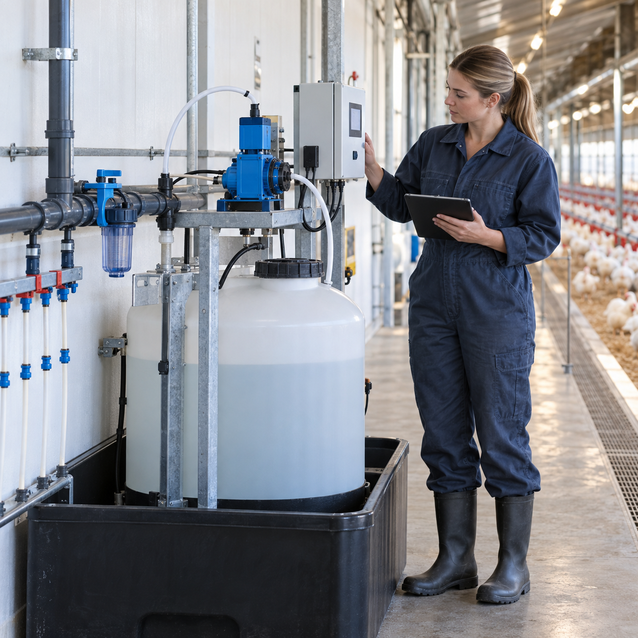 Closed formic acid dosing system serving a commercial poultry drinking-water line