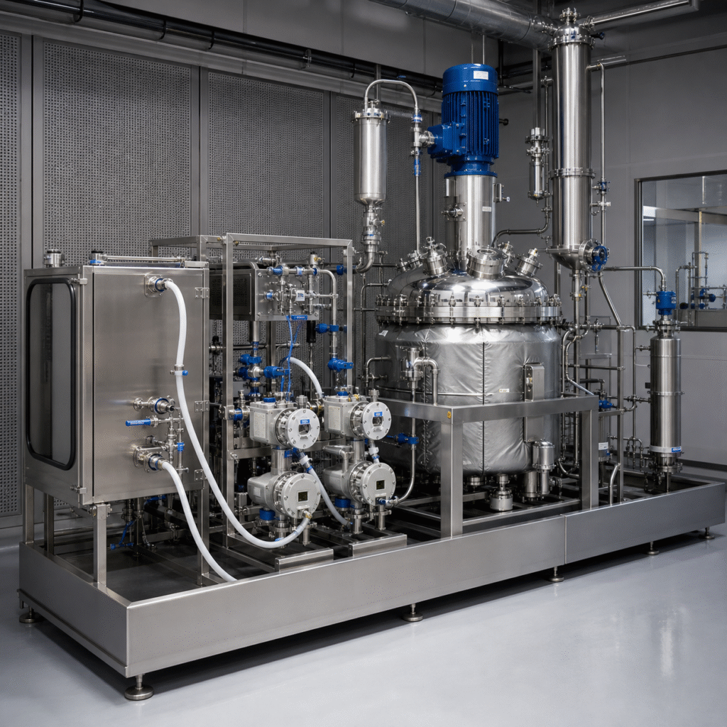 Closed formic acid metering skid feeding a fine chemical hydrogenation reactor