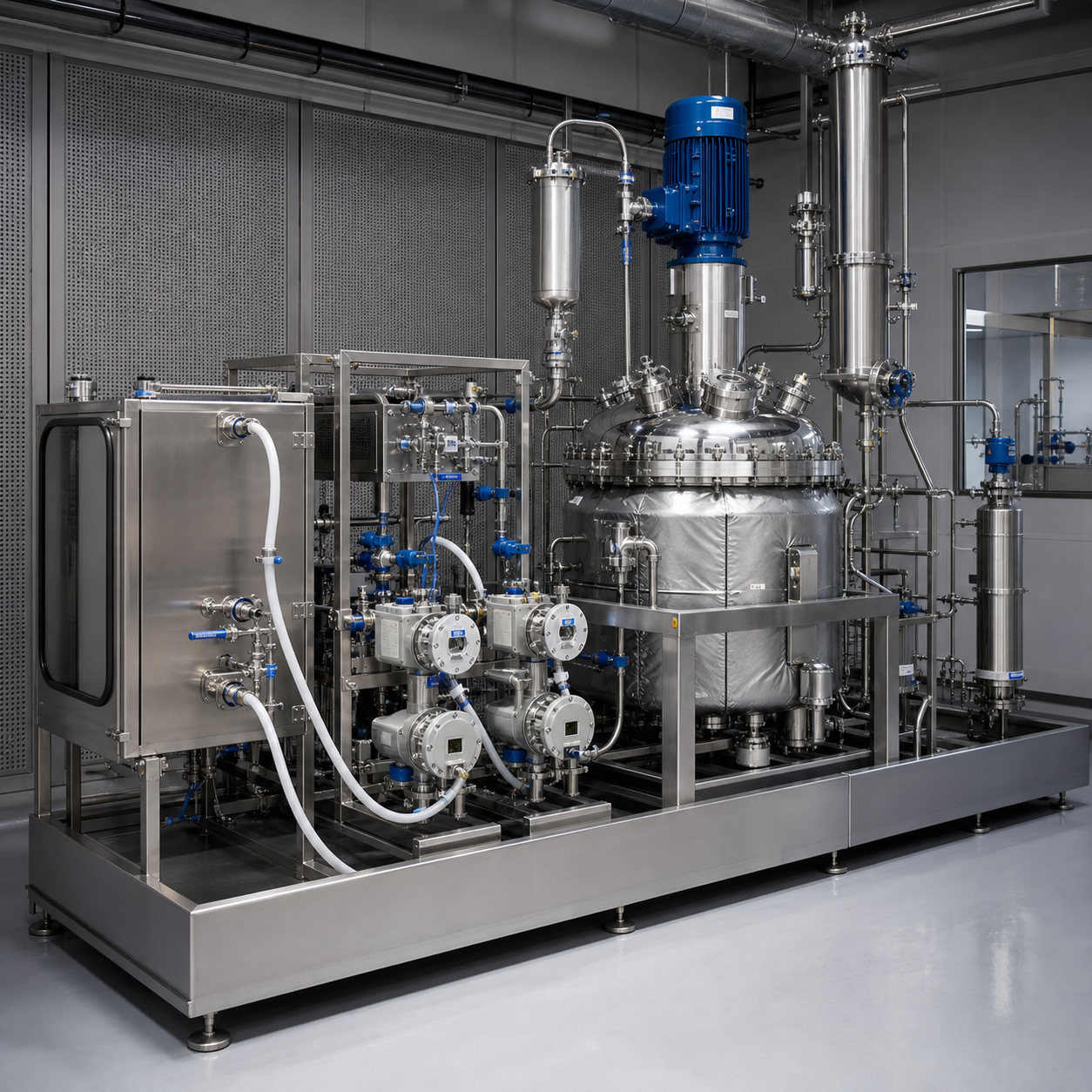 Closed formic acid metering skid feeding a fine chemical hydrogenation reactor
