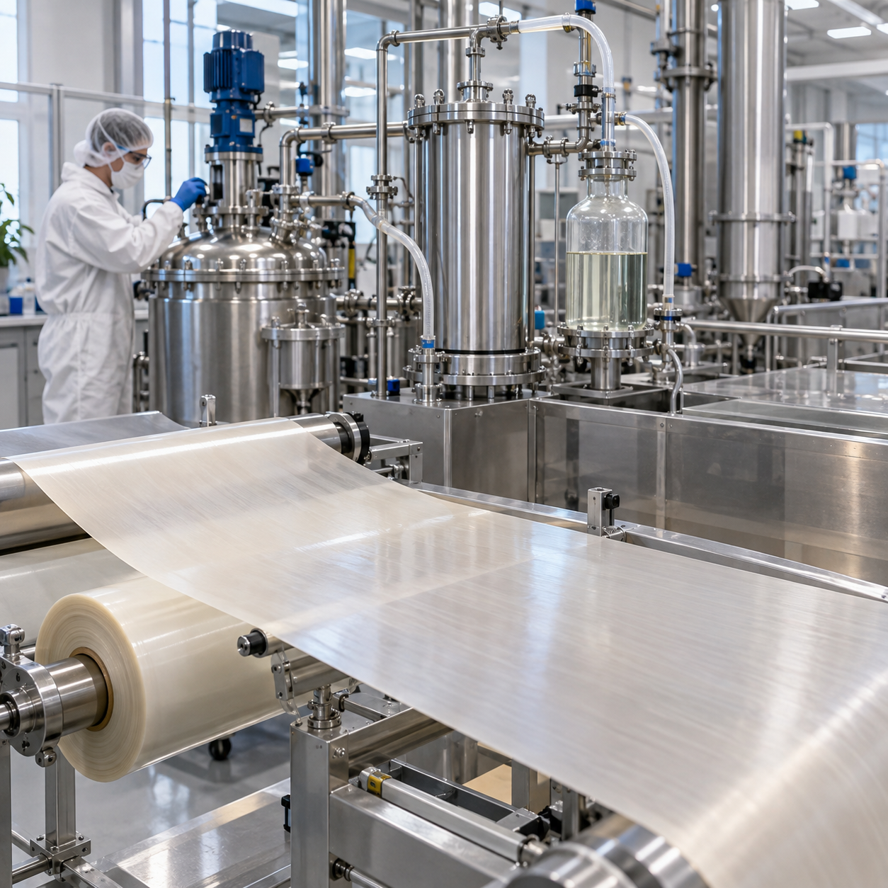 Pilot transparent wood film casting line with closed formic acid circulation and solvent recovery