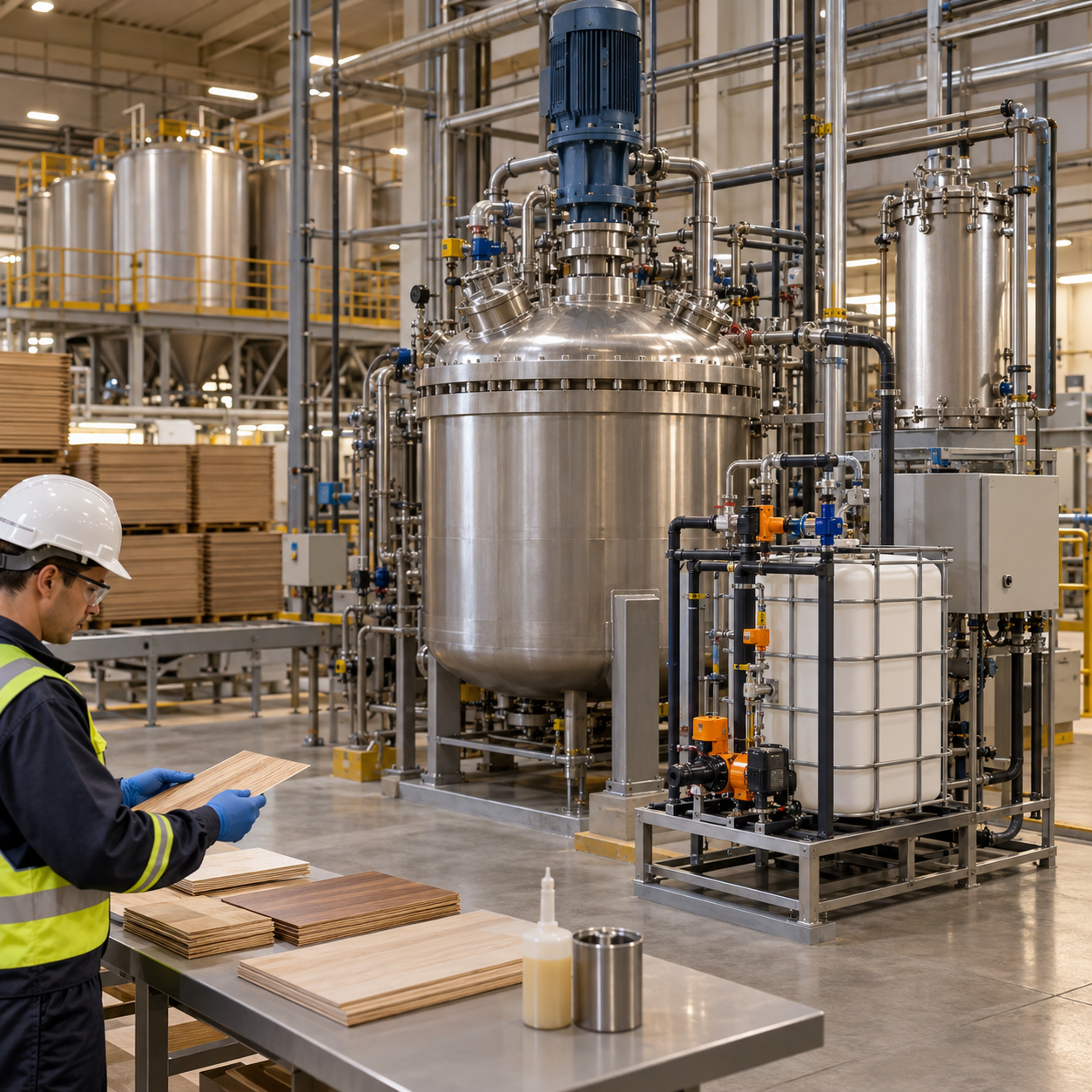 Closed formic acid dosing skid beside a wood adhesive resin reactor and veneer quality station