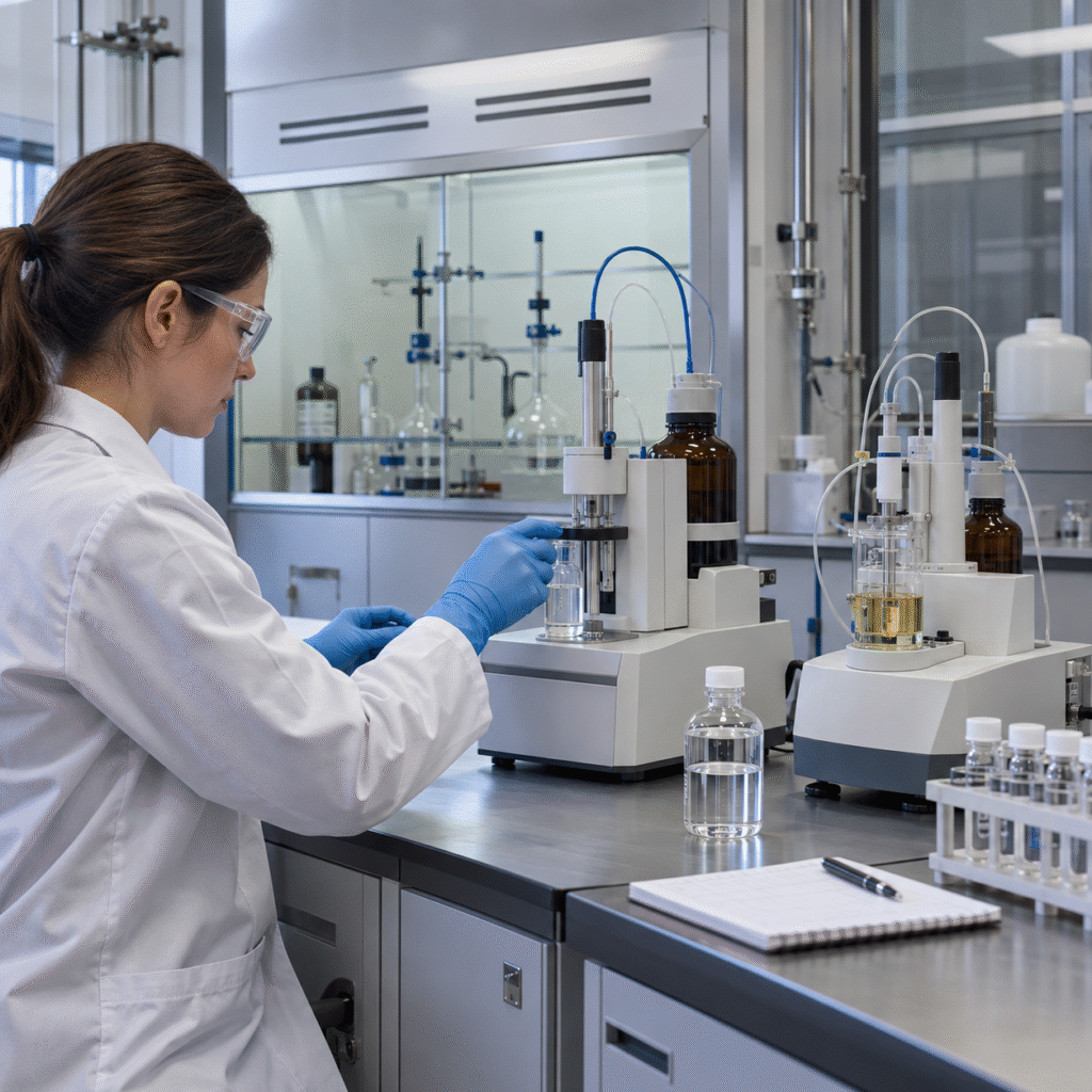 Laboratory analyst verifying glacial acetic acid assay and water with titration and Karl Fischer instruments