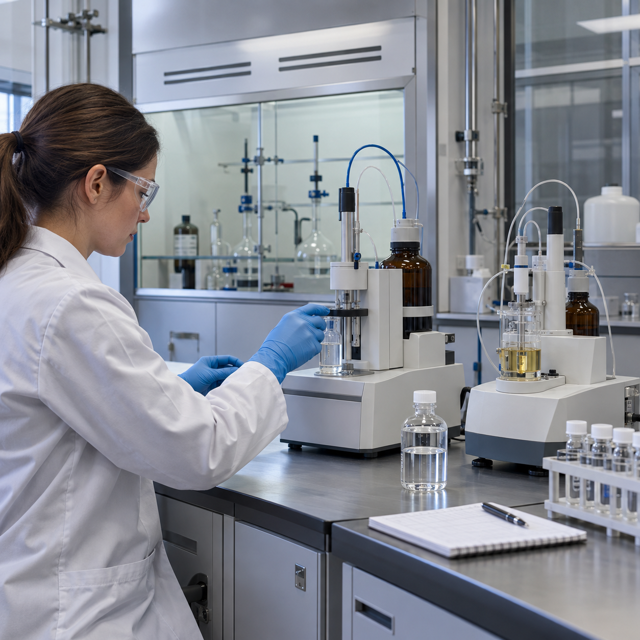 Laboratory analyst verifying glacial acetic acid assay and water with titration and Karl Fischer instruments