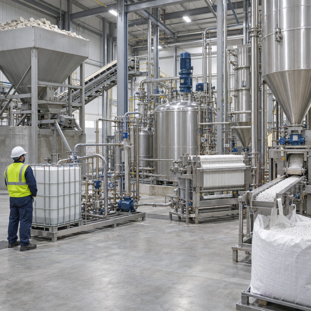 Calcium magnesium acetate deicer plant with limestone feed and closed glacial acetic acid system