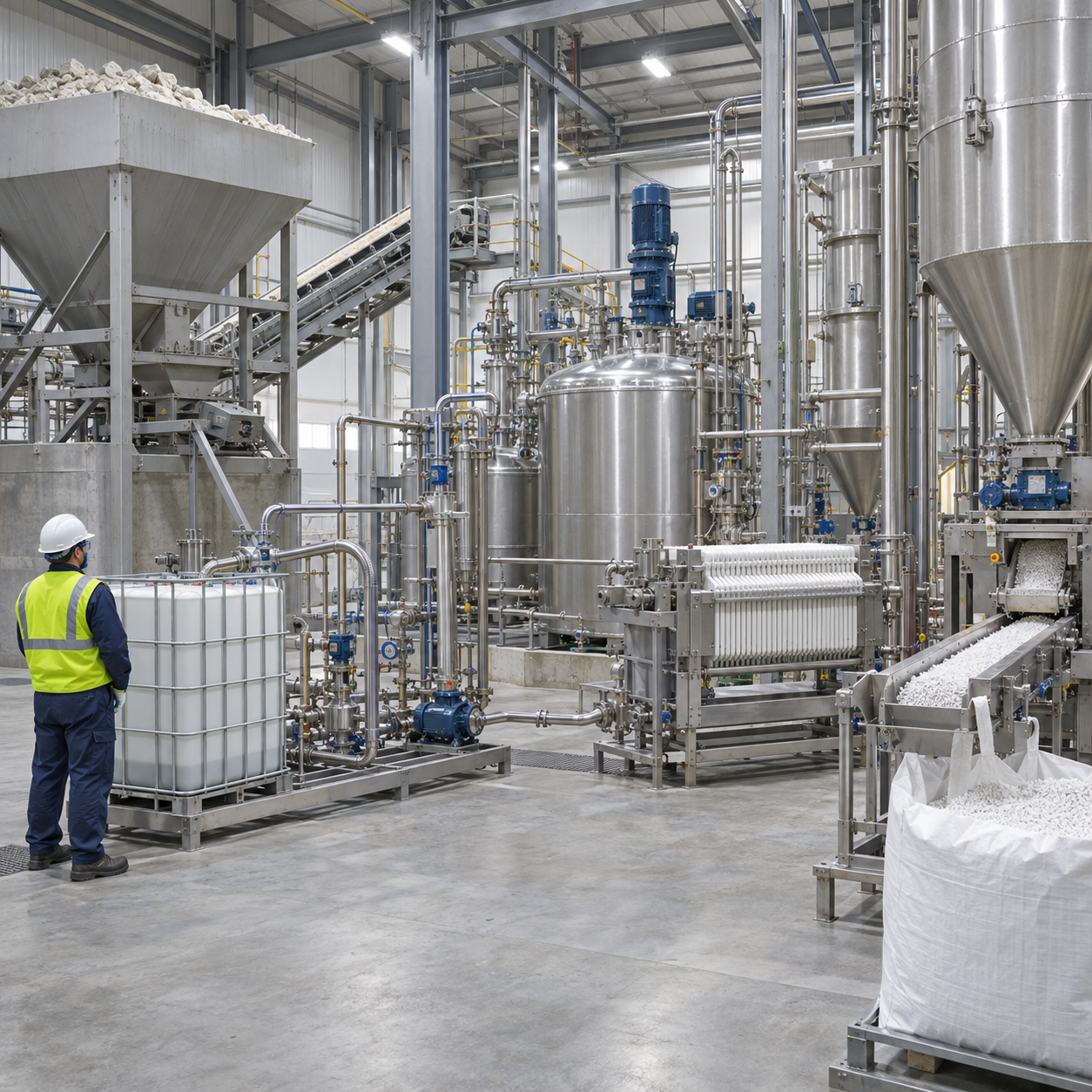 Calcium magnesium acetate deicer plant with limestone feed and closed glacial acetic acid system