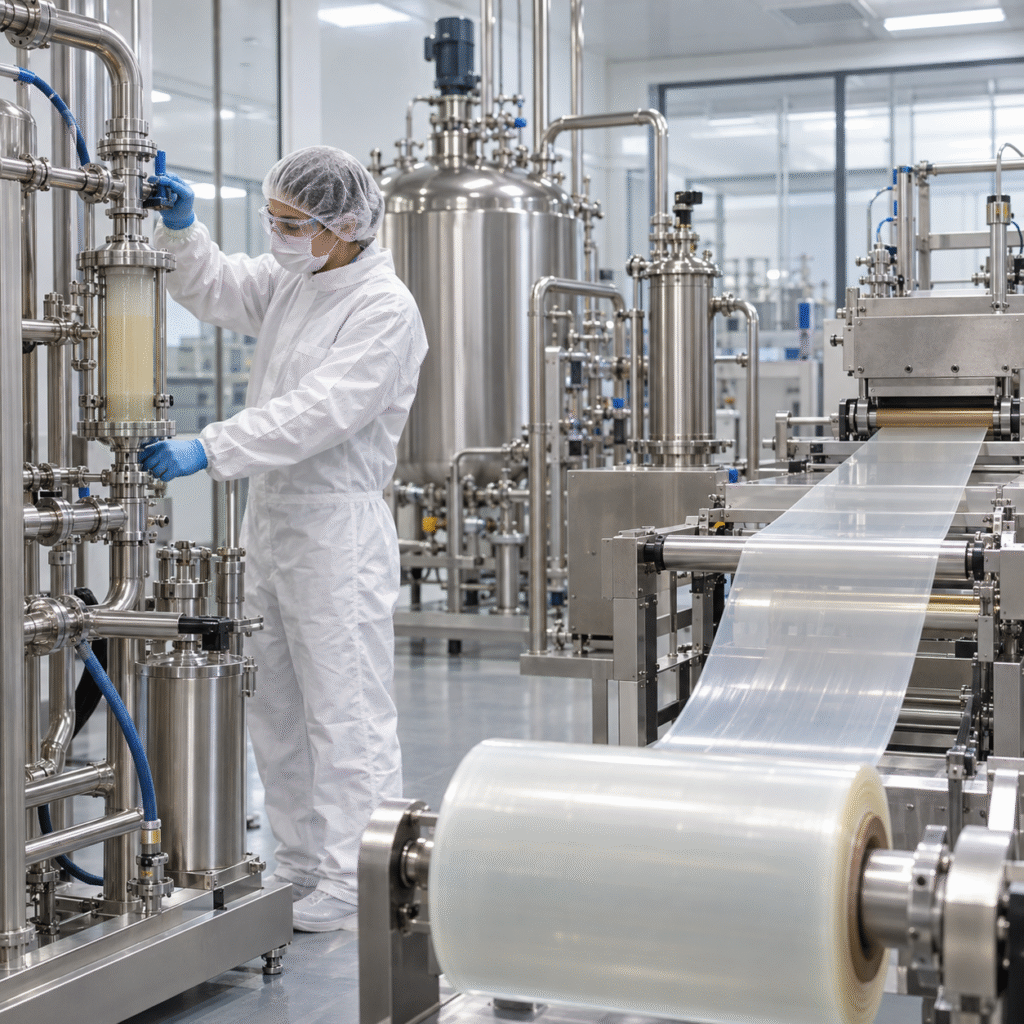 Chitosan biopolymer film casting line with closed glacial acetic acid dosing and mixing equipment